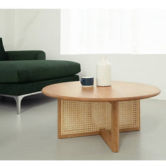 Round Oak Wood Coffee Table with Rattan Accents - Timeless Elegance for Your Livingroom tzm-527