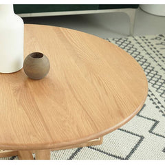 Round Oak Wood Coffee Table with Rattan Accents - Timeless Elegance for Your Livingroom tzm-527
