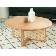 Round Oak Wood Coffee Table with Rattan Accents - Timeless Elegance for Your Livingroom tzm-527