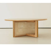 Round Oak Wood Coffee Table with Rattan Accents - Timeless Elegance for Your Livingroom tzm-527