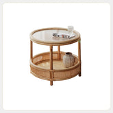 Natural Wood End Table with Rattan Accents and Glass Top – Elegant and Durable tzm-529