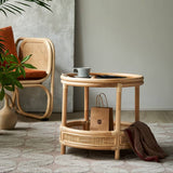 Natural Wood End Table with Rattan Accents and Glass Top – Elegant and Durable tzm-529