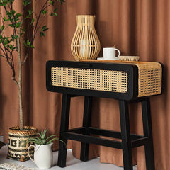 Stylish Black Solid Wood & Rattan Nightstand with Natural Finish tzm-537