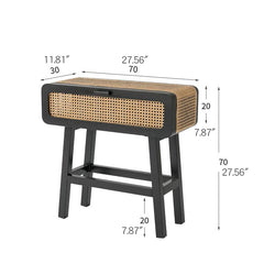 Stylish Black Solid Wood & Rattan Nightstand with Natural Finish tzm-537