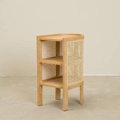 Stylish Nightstand with Natural Wood, Black and Green Rattan Accents - Oak Wood Finish tzm-554