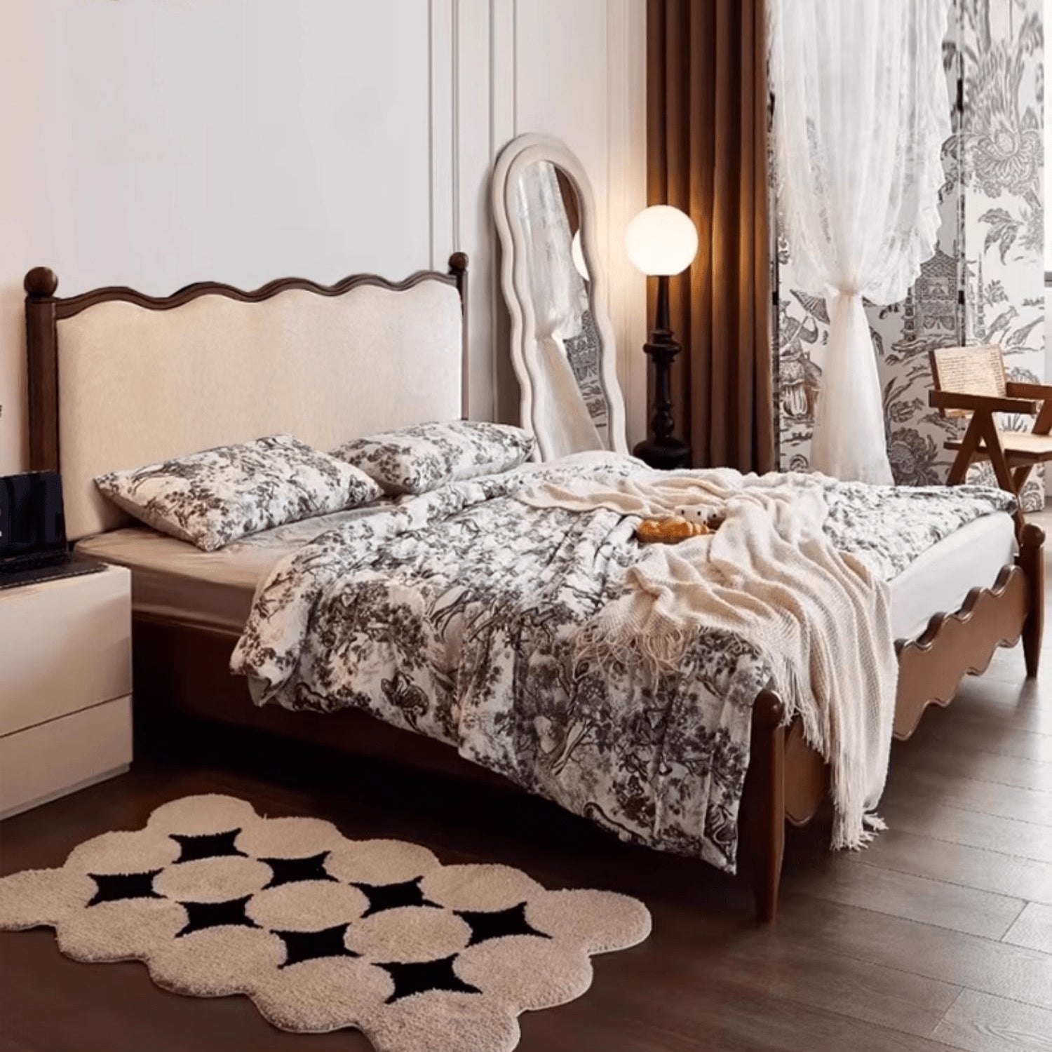 Luxurious Walnut Cal King Bed Frame with Upholstery Headboard - Elegant French Style Queen Size for Bedroom yw-205 Luxurious Walnut Cal King Bed Frame with Upholstery Headboard - Elegant French Style Queen Size for Bedroom yw-205