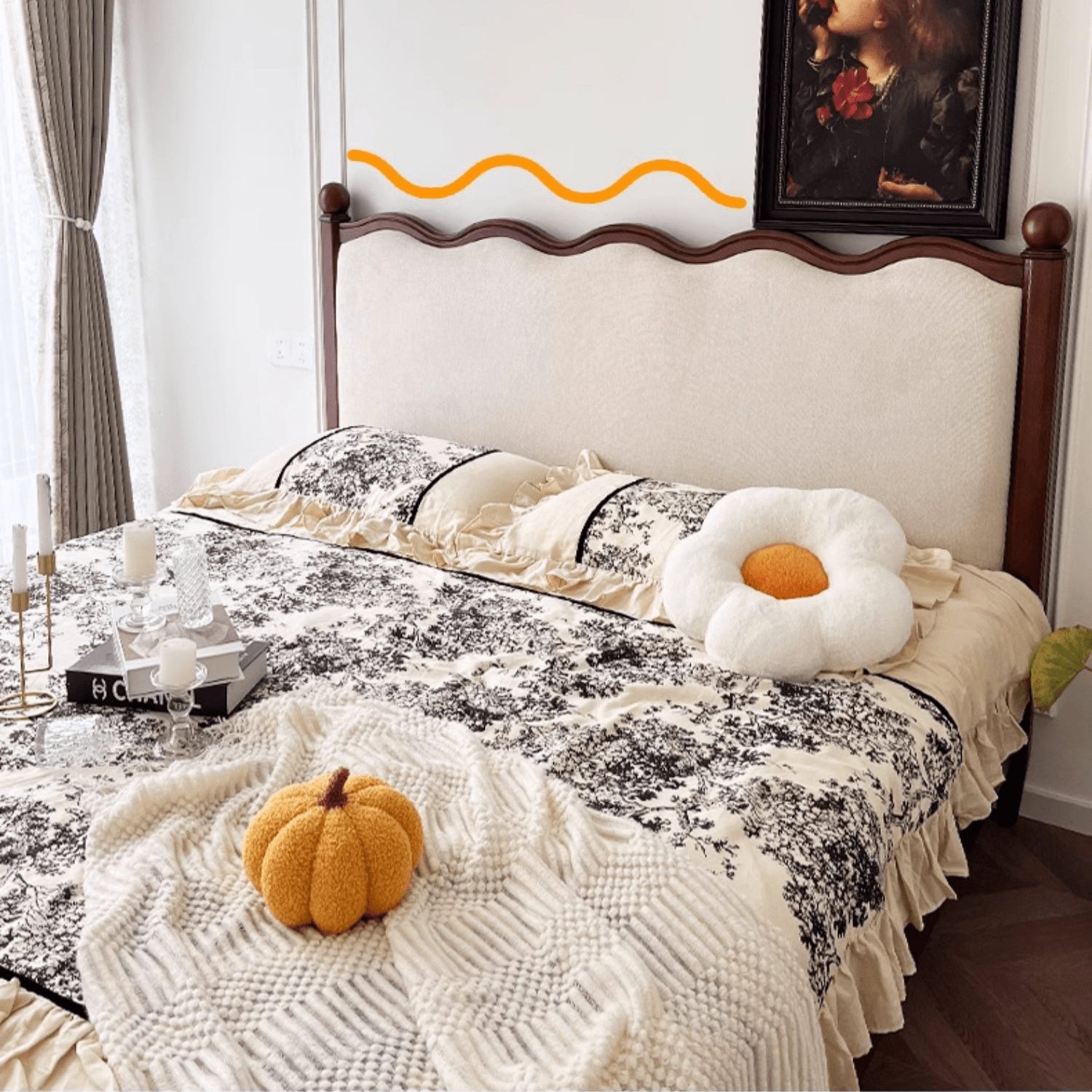 Luxurious Walnut Cal King Bed Frame with Upholstery Headboard - Elegant French Style Queen Size for Bedroom yw-205 Luxurious Walnut Cal King Bed Frame with Upholstery Headboard - Elegant French Style Queen Size for Bedroom yw-205