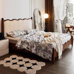 Luxurious Walnut Cal King Bed Frame with Upholstery Headboard - Elegant French Style Queen Size for Bedroom yw-205