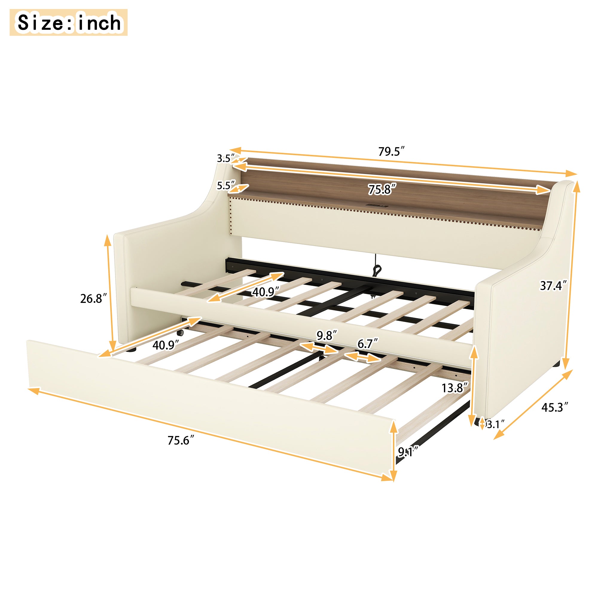 Twin Size Daybed with Trundle, Upholstered Sofa Bed with Charging Station and LED Lights, White