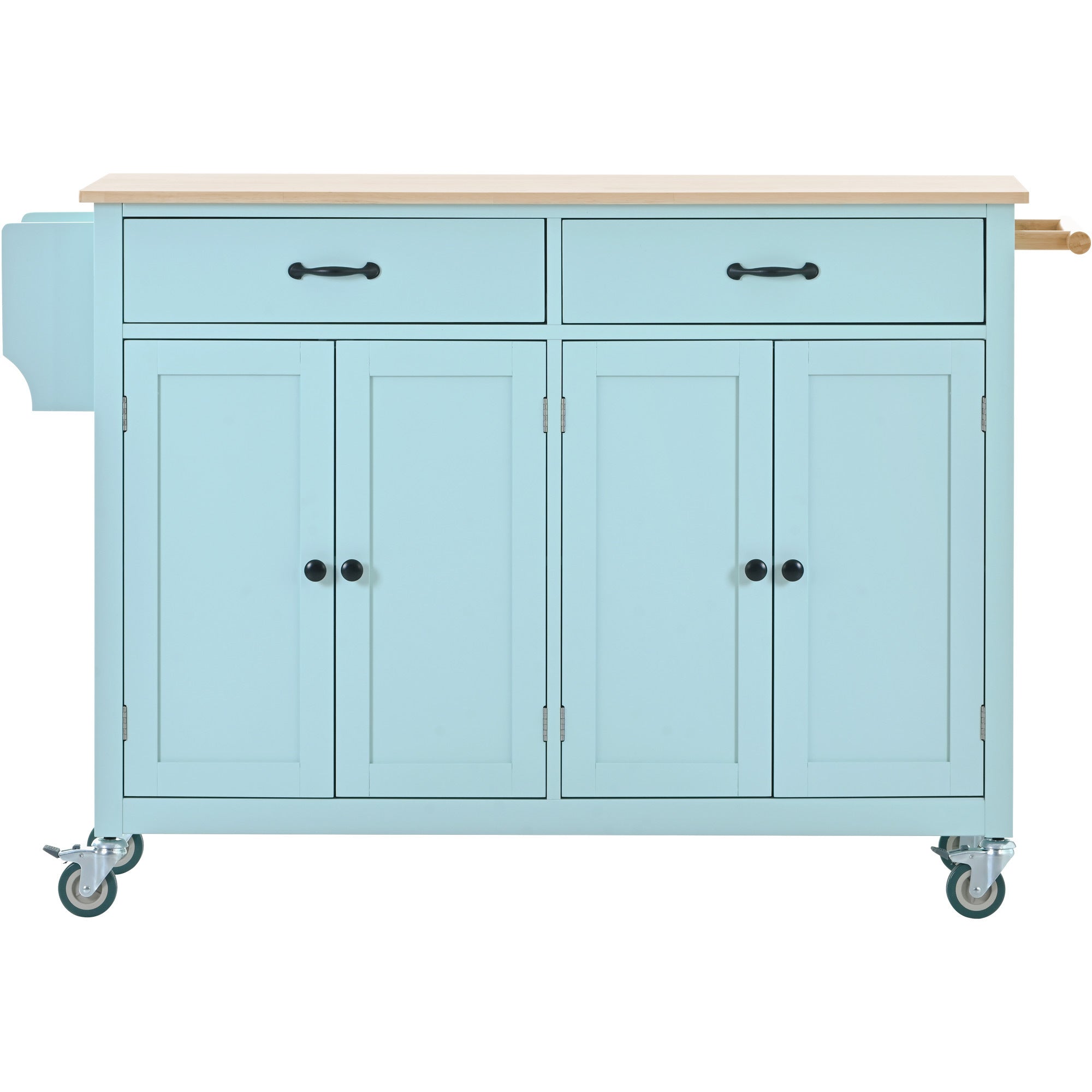 Kitchen Island Cart with 4 Door Cabinet and Two Drawers and 2 Locking Wheels - Solid Wood Top, Adjustable Shelves, Spice & Towel Rack Mint Green