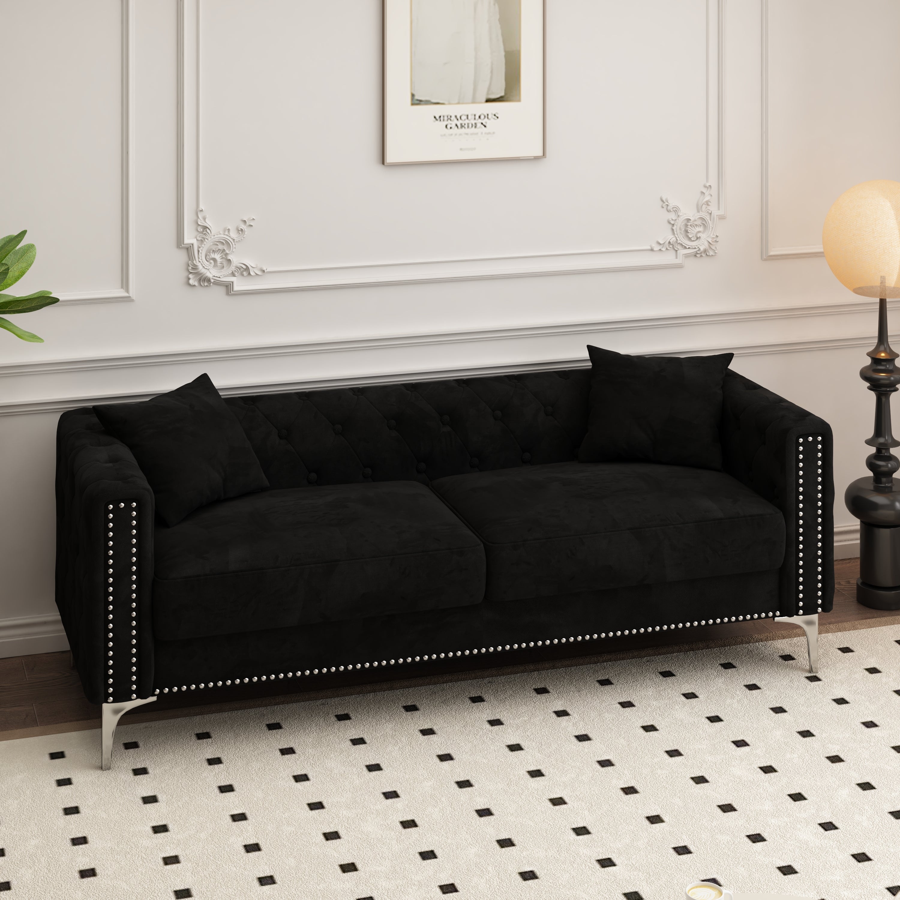 Luxurious 83" Black Velvet 3-Seater Sofa with 2 Pillows - Perfect Design for Living Room