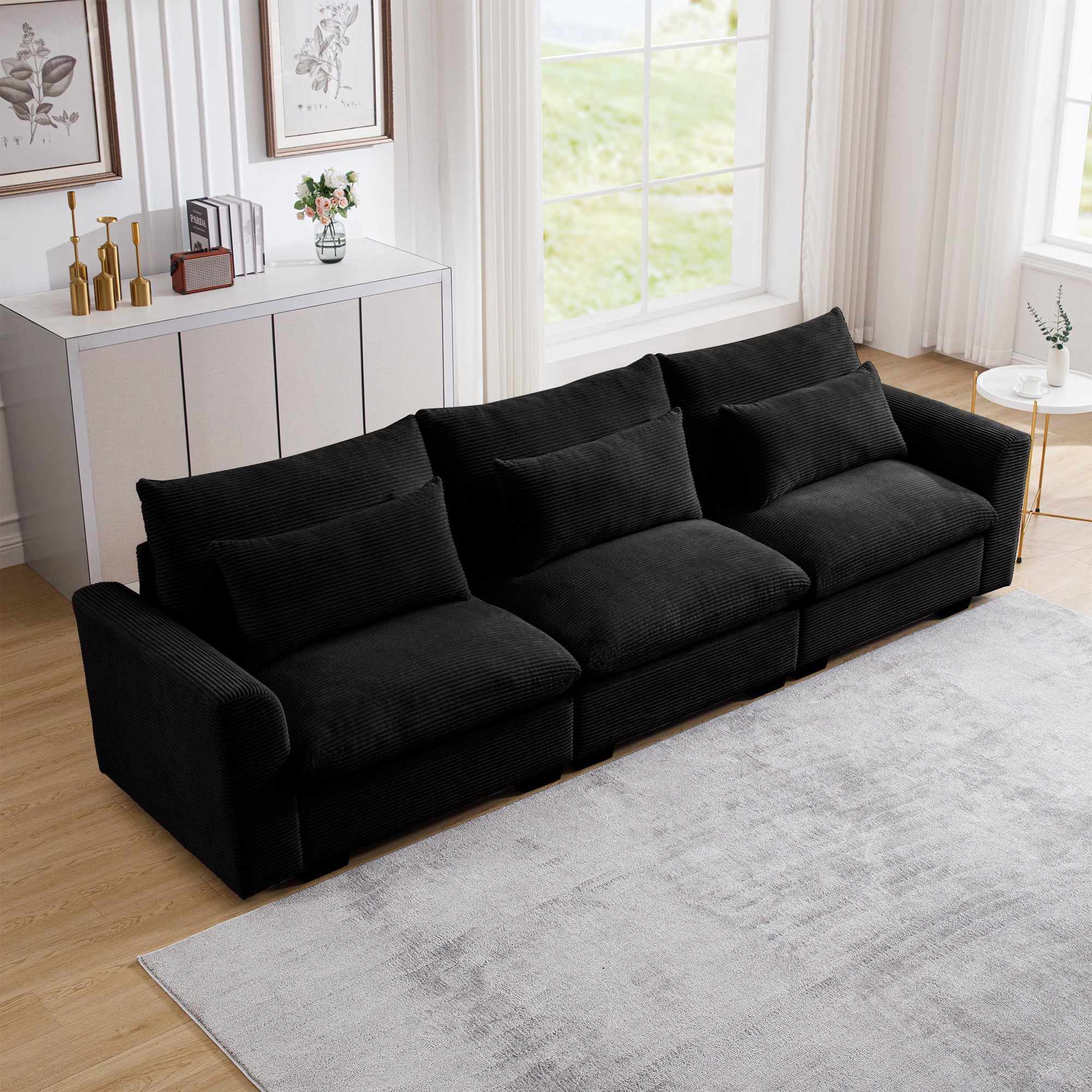 3 Seater Deep Seat Couches for Living Room, Wide and Deep Seat Comfy Living Roo Sofas with 3 Waist Pillows, black Corduroy