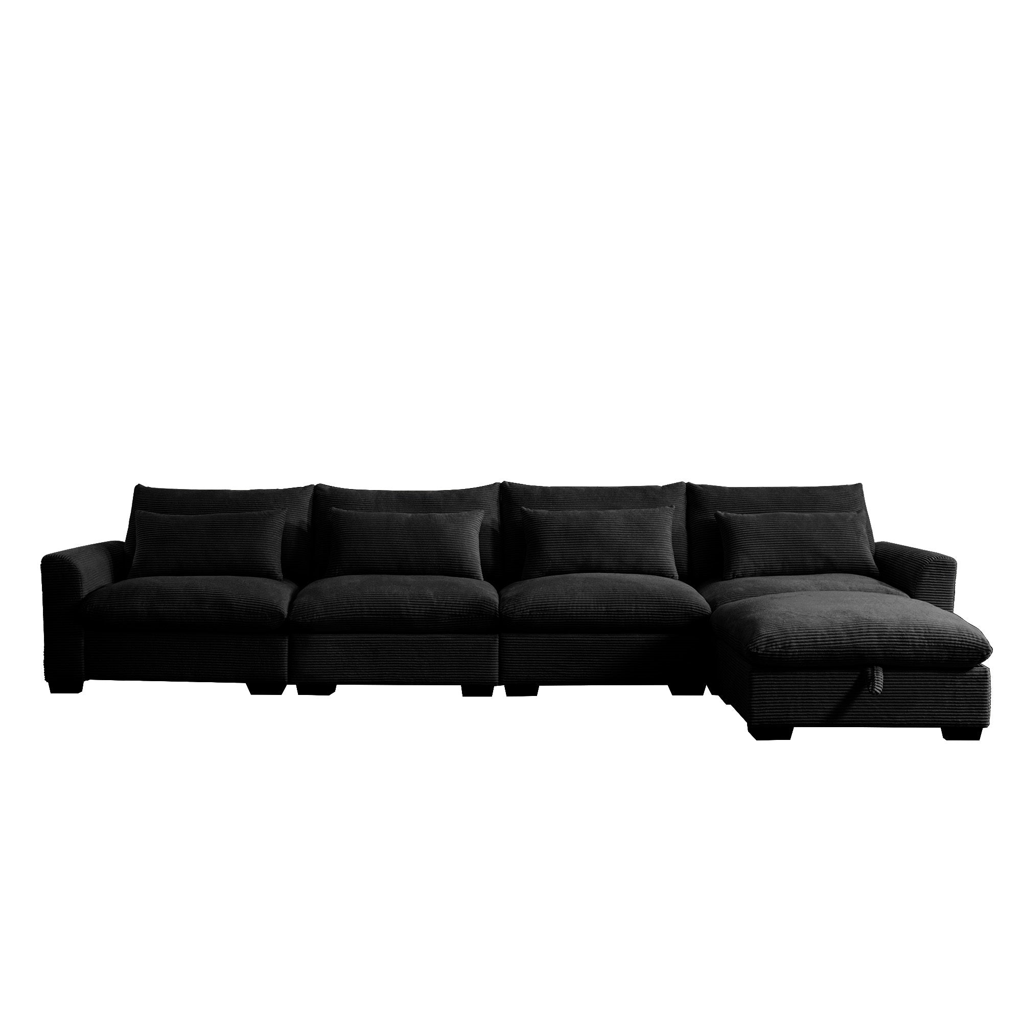 Large L Shape Sectional Corduroy Sofa,Deep Seat Couch with Storage Footstool and 4 Waist Pillows, Black