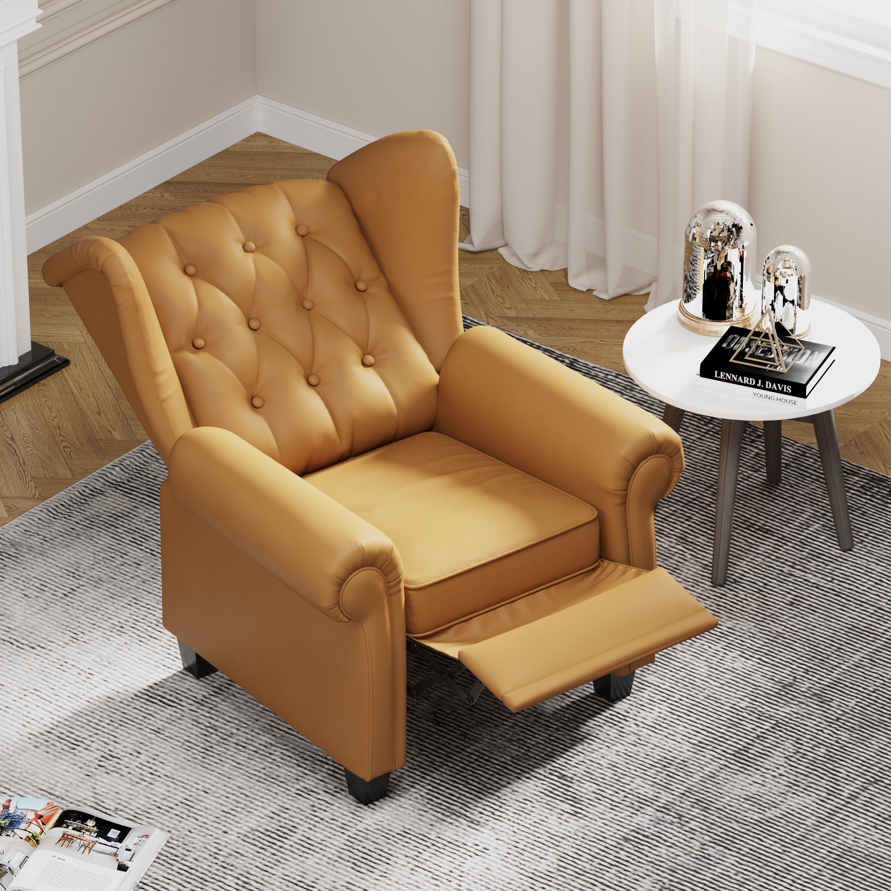 Modern Tufted Push Back Armchair Technical Leather Chair, Adjustable Single Sofa Chair with Sturdy Wood Legs for Bedroom, Living Room, Small Space(Color:ORANGE)