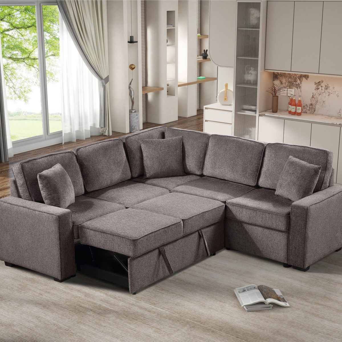 Modular Sofa, Sectional Couch L Shaped Sofa Couch with Pullout Sleeper, 5 Seat Chenille Corner Sofa for Living Room, 3 Pillows Included, Light Brown