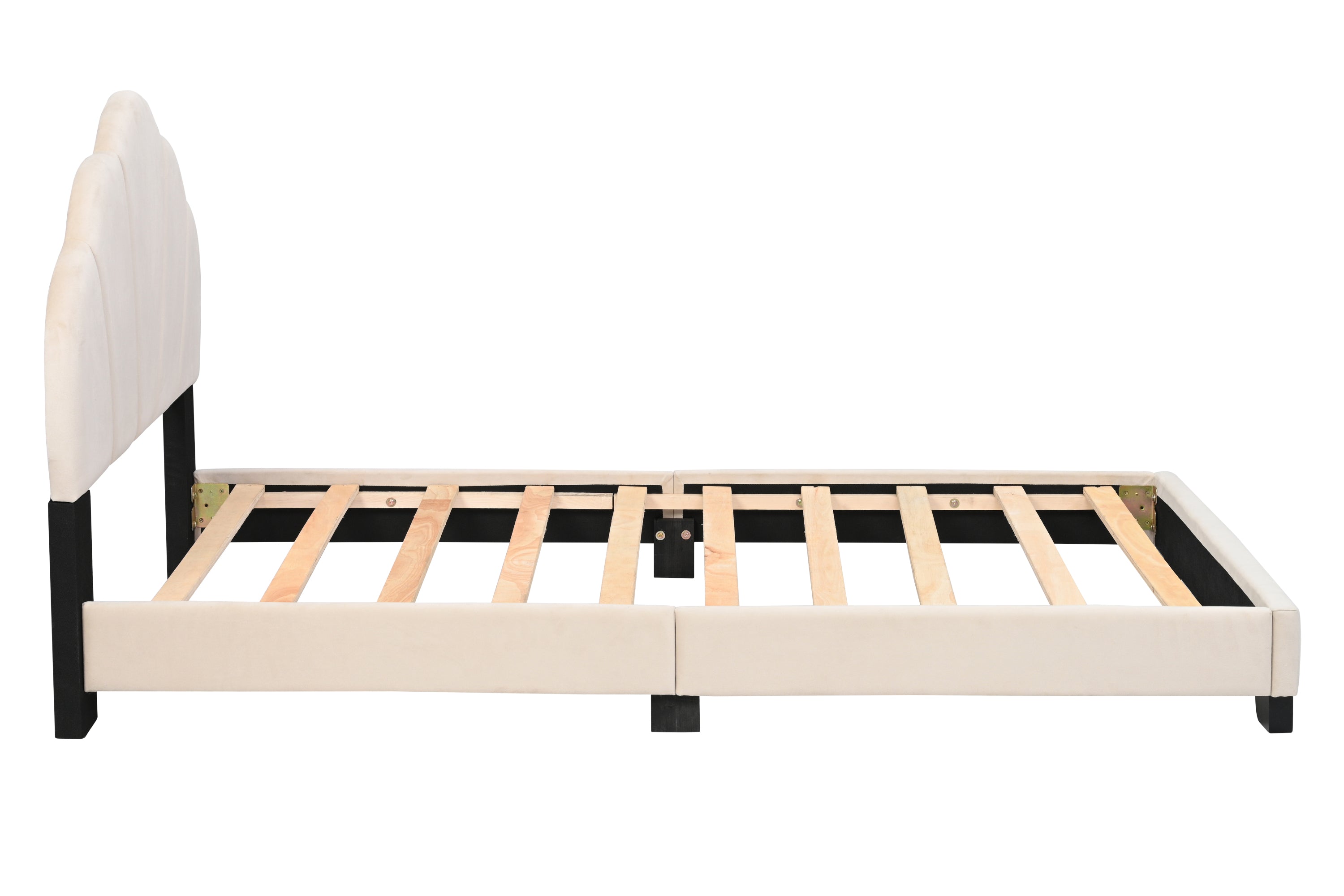 Upholstered Twin Size Platform Bed for Kids, Wooden Bed Frame with Slatted Bed Base, No Box Spring Needed, Cute Bed Frame with Shell Design Headboard for Girls Boys Teens, Beige