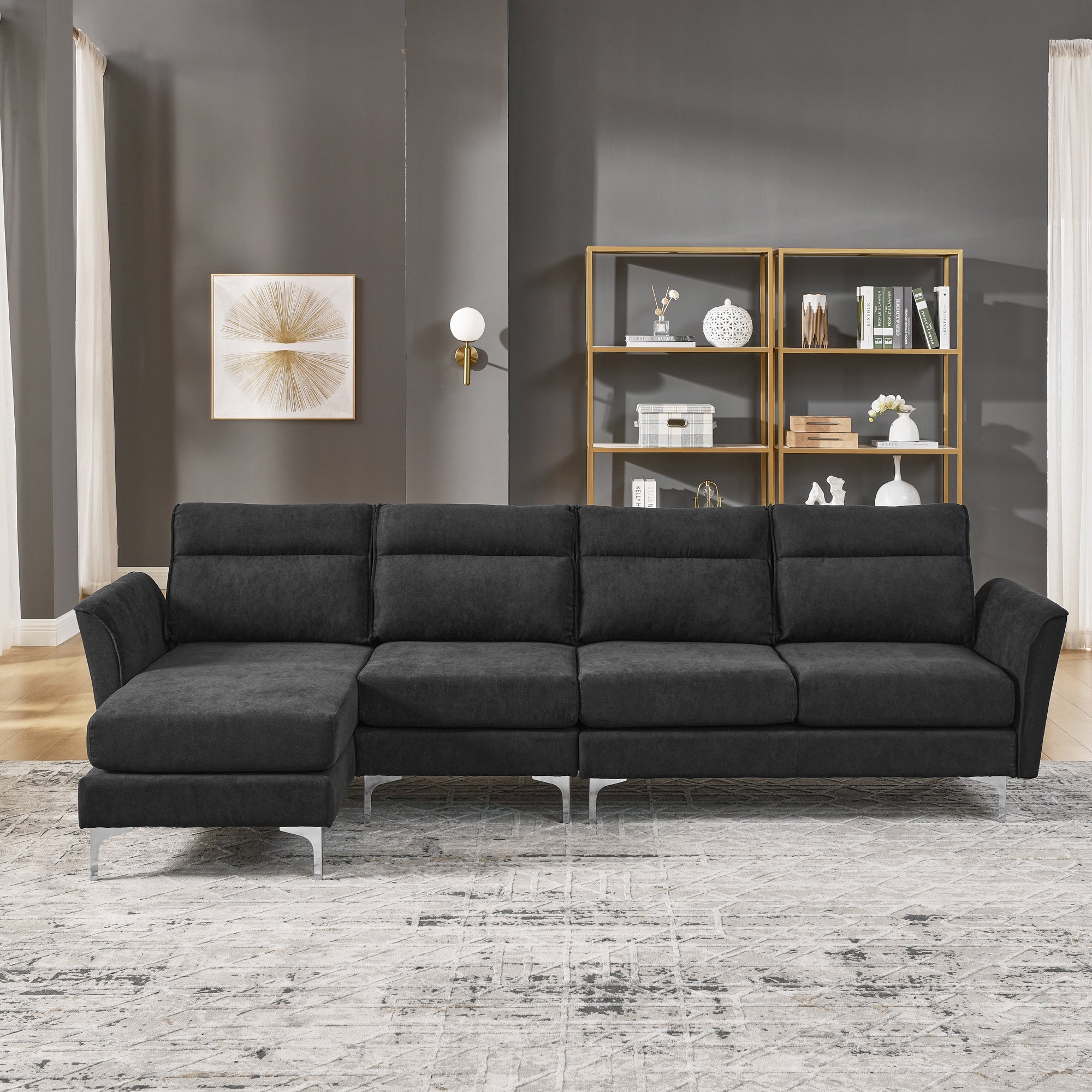 Modern Sofa 3-Seat Couch with Stainless Steel Trim and Metal Legs for Living Room,New package compression sofa technology,black