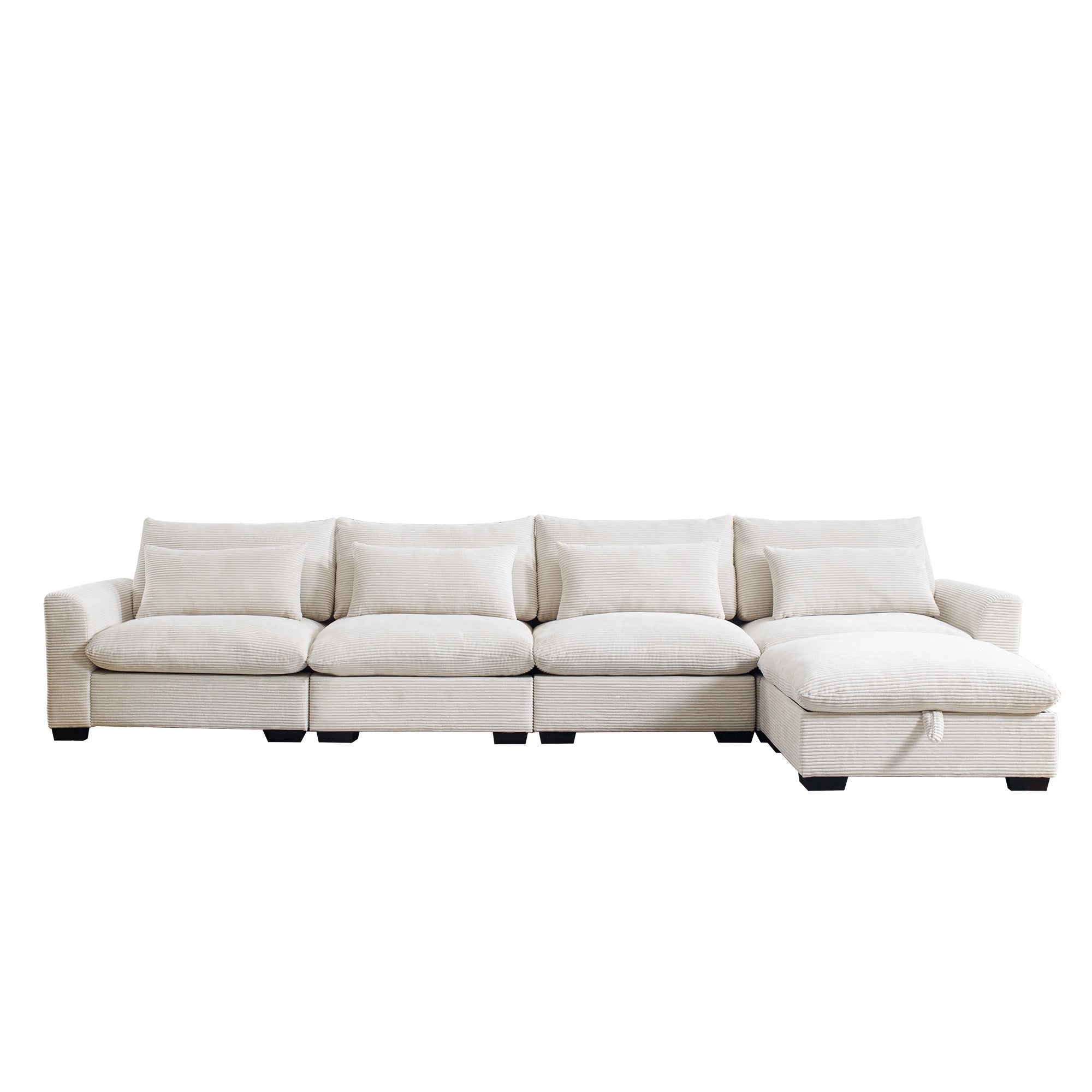 Large L Shape Sectional Corduroy Sofa,Deep Seat Couch with Storage Footstool and 4 Waist Pillows,Beige