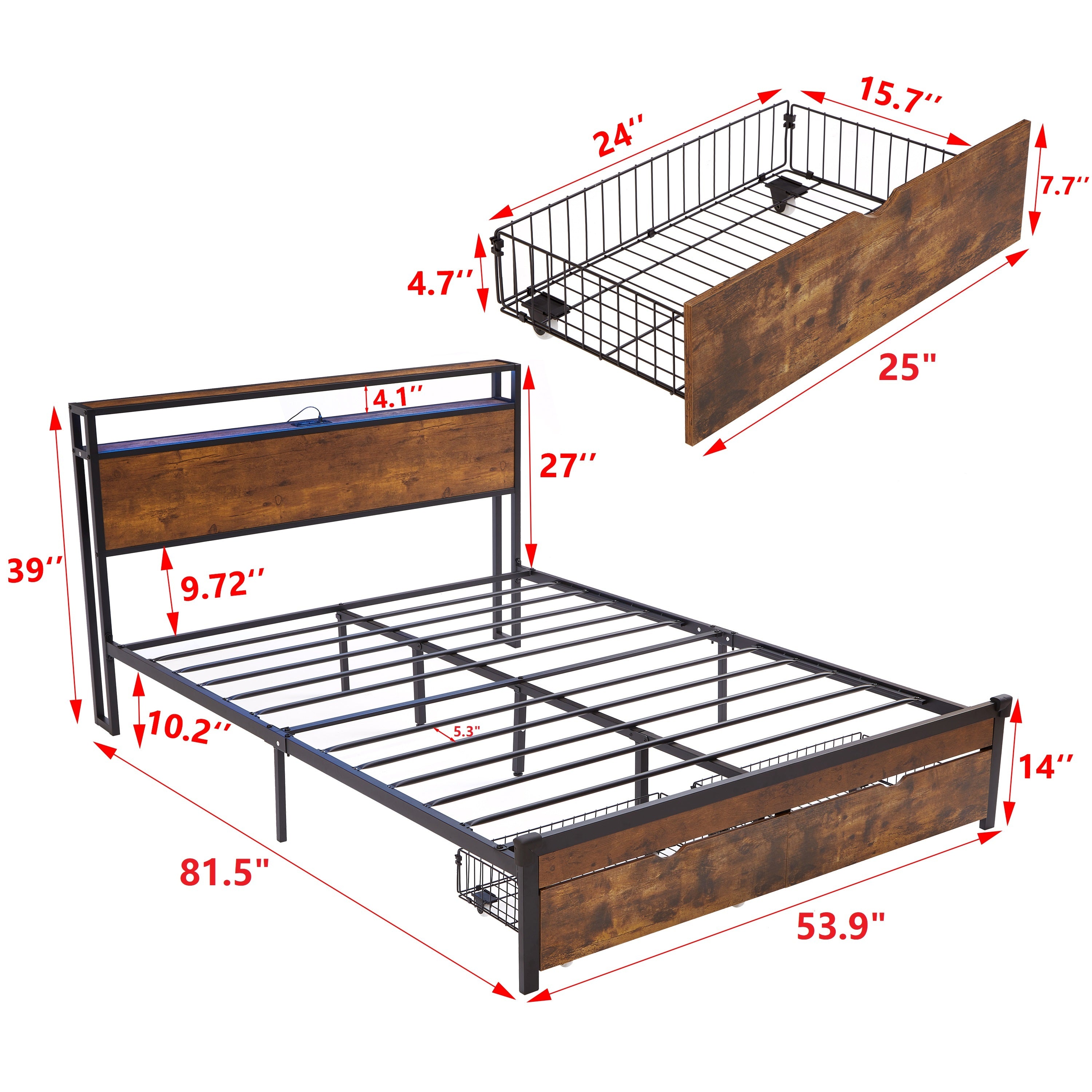 Full Size Metal Platform Bed Frame with Wooden Headboard and Footboard with USB,Charging Station,2 Drawers,LED Lights, No Box Spring Needed, Easy Assemble