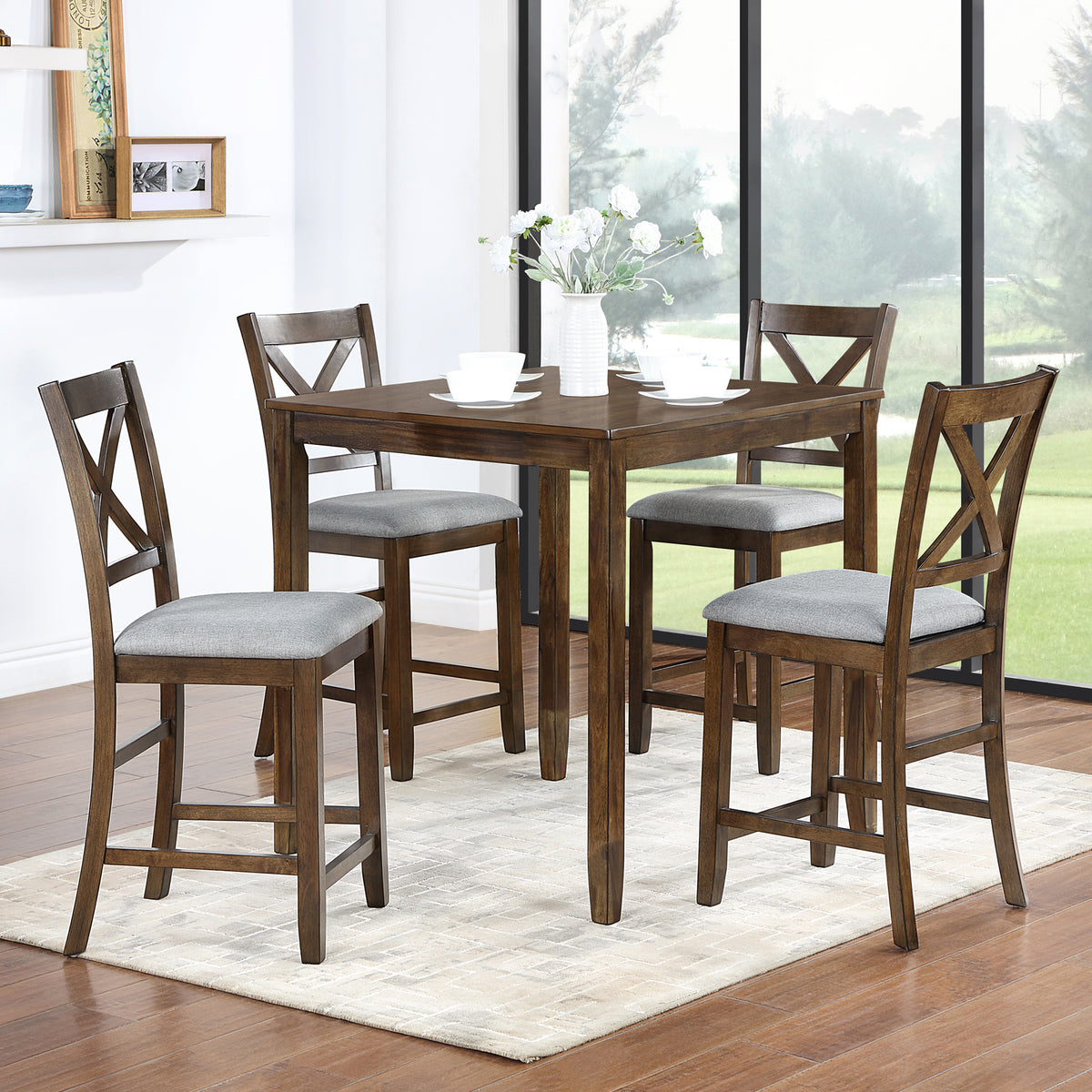 5 Piece Dining Table Set, Wooden Dining Square Table Set for 4, Counter Height Kitchen Table Set with Square Table and 4 Upholstered Chairs for Small Space, Walnut