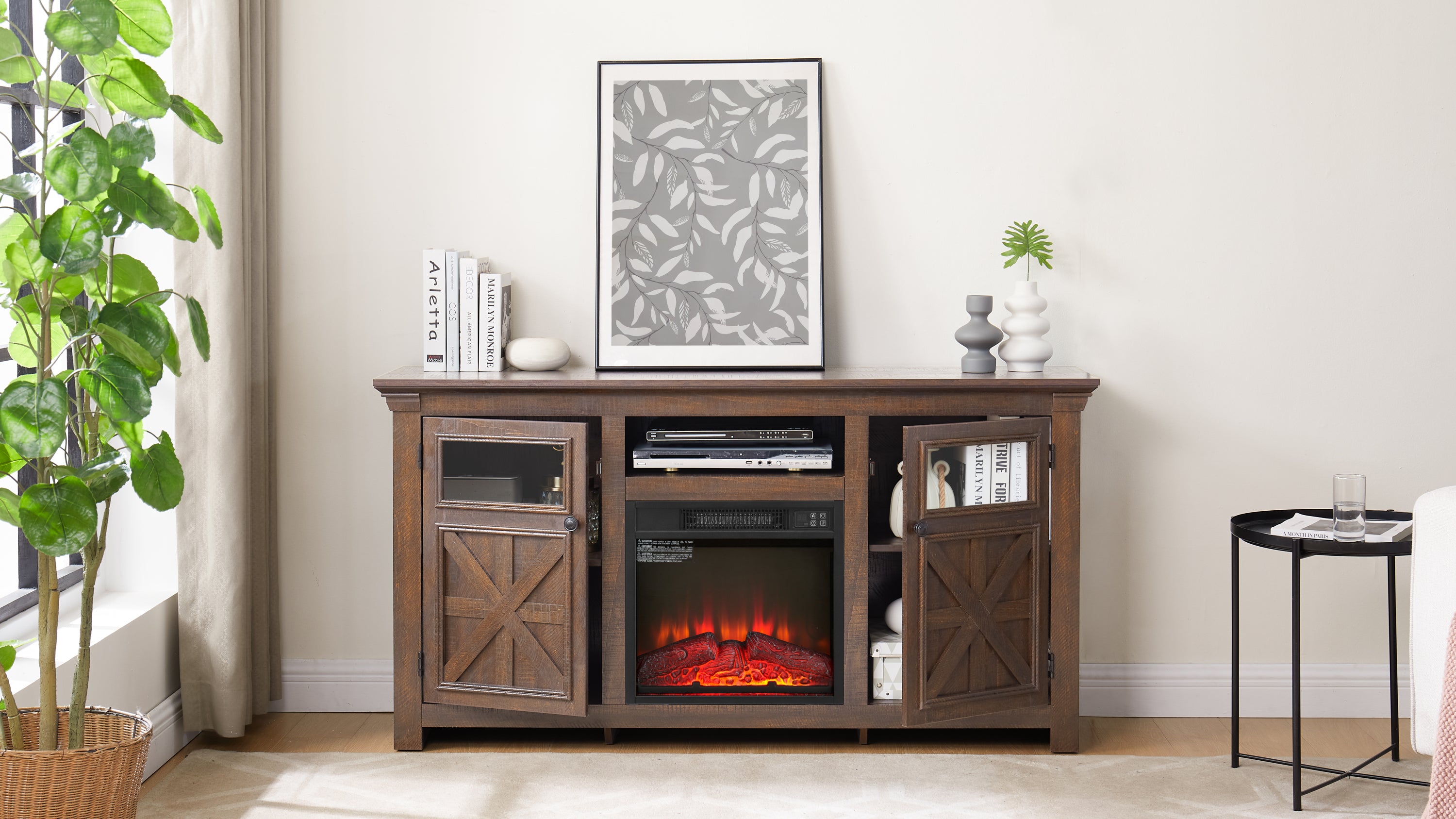 Farmhouse TV Stand with 2 Doors, Barn Design, Large Media Console with 18" Electric Fireplace Insert, Dark Brown