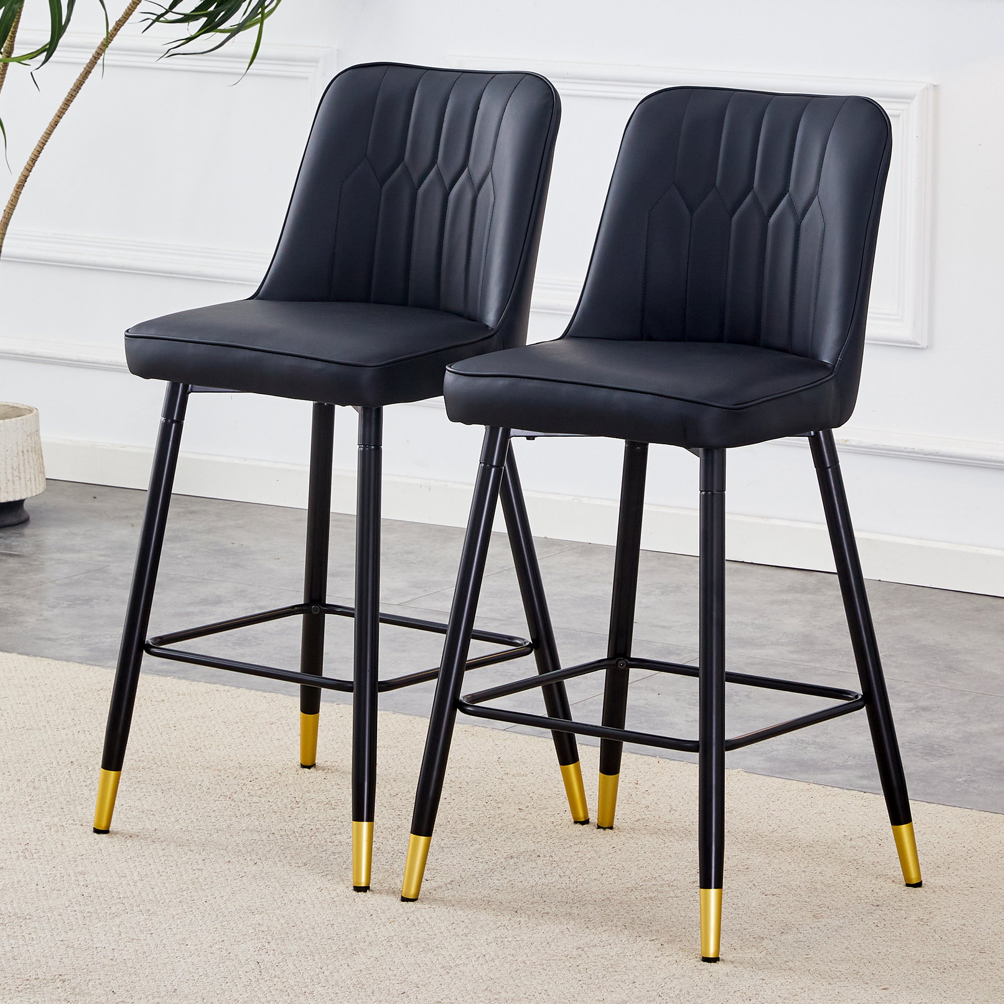 Modern Black PU Bar Stool - Set of 2 chairs with Comfortable Resting Beam