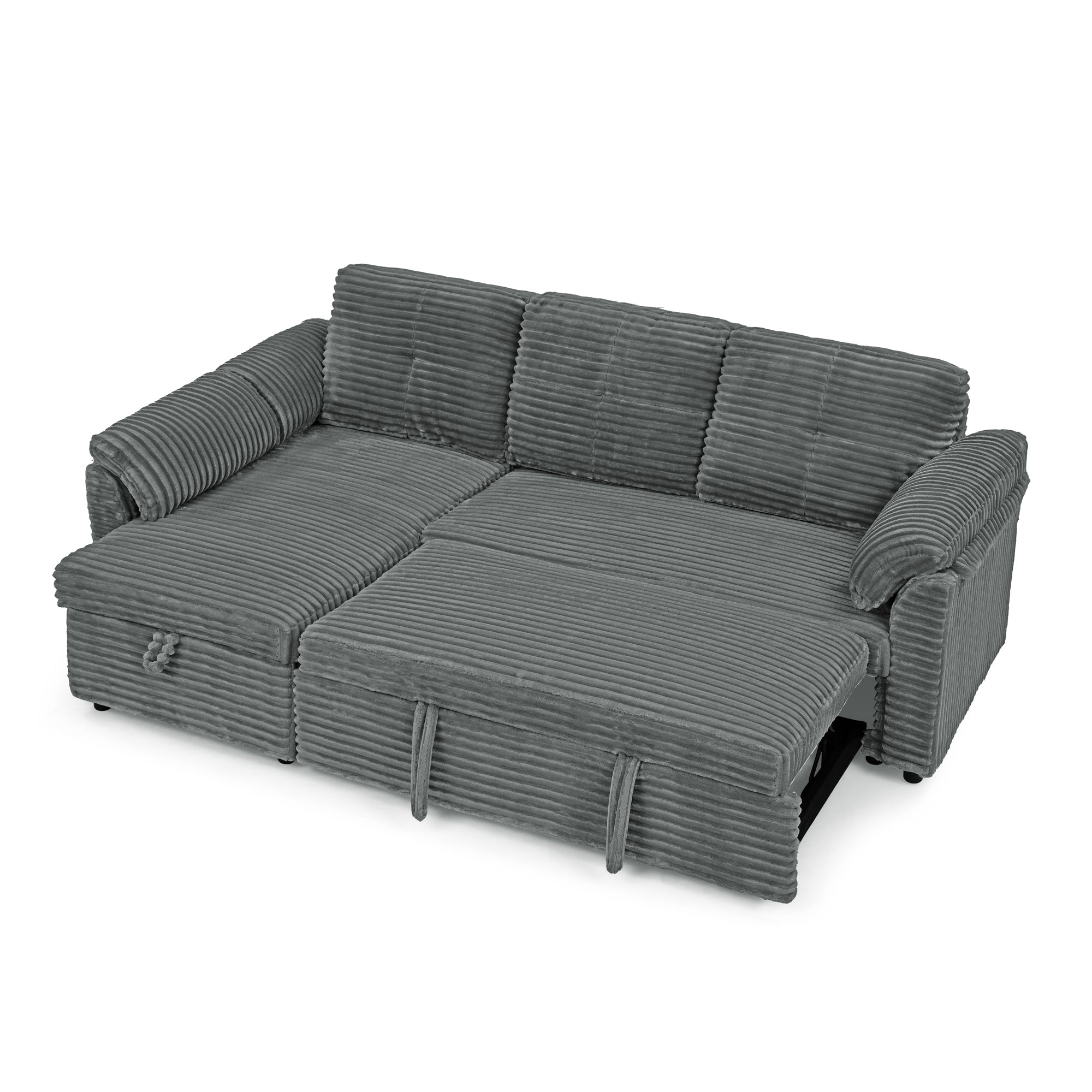 Corduroy Tufted Upholstered Sleeper Sectional Sofa, L-Shaped Modular Convertible Sofa with Storage Chaise, Pull Out Sleep Couch Bed and Reclining Backrest Perfect for Living Space,Grey