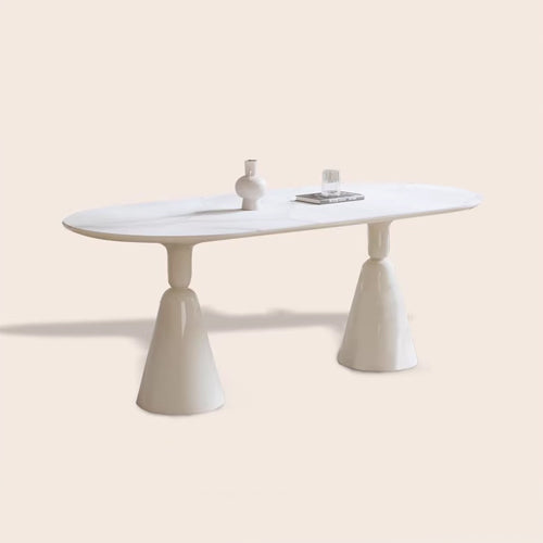 Minimalistic Oval Wooden Dining Table - Sintered Stone Top & Double Pedestals jh-078