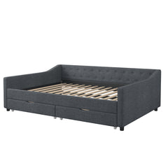 Full Size Daybed with Drawers Upholstered Tufted Sofa Bed, with Button on Back and Piping on Waved Shape Arms-Dark Grey