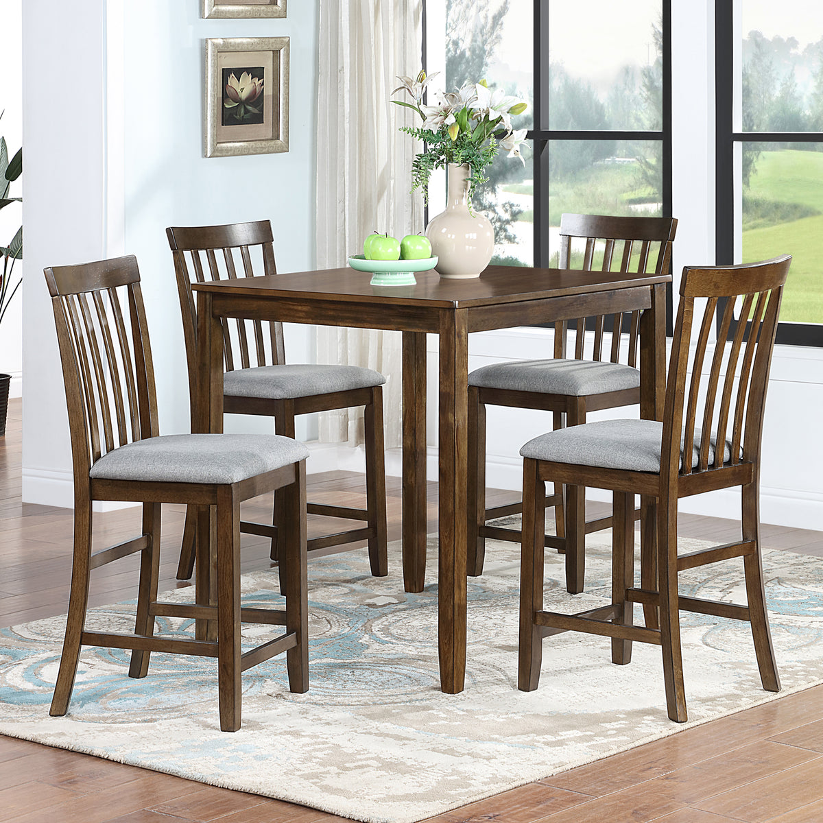 5 Piece Dining Table Set, Wooden Dining Square Table Set for 4, Counter Height Kitchen Table Set with Square Table and 4 Upholstered Chairs for Small Space, Walnut