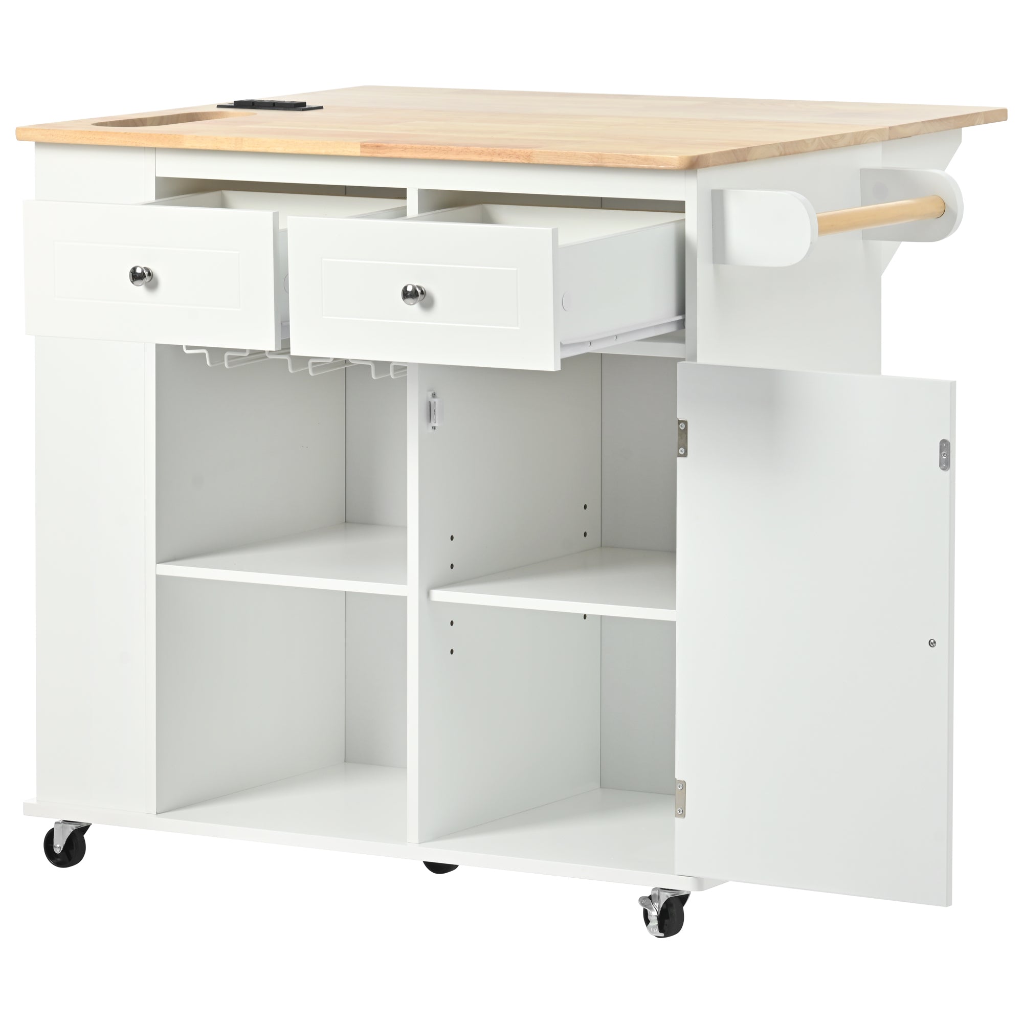 Kitchen Island with Drop Leaf and Rubber Wood,Open Storage and Wine Rack,5 Wheels,White