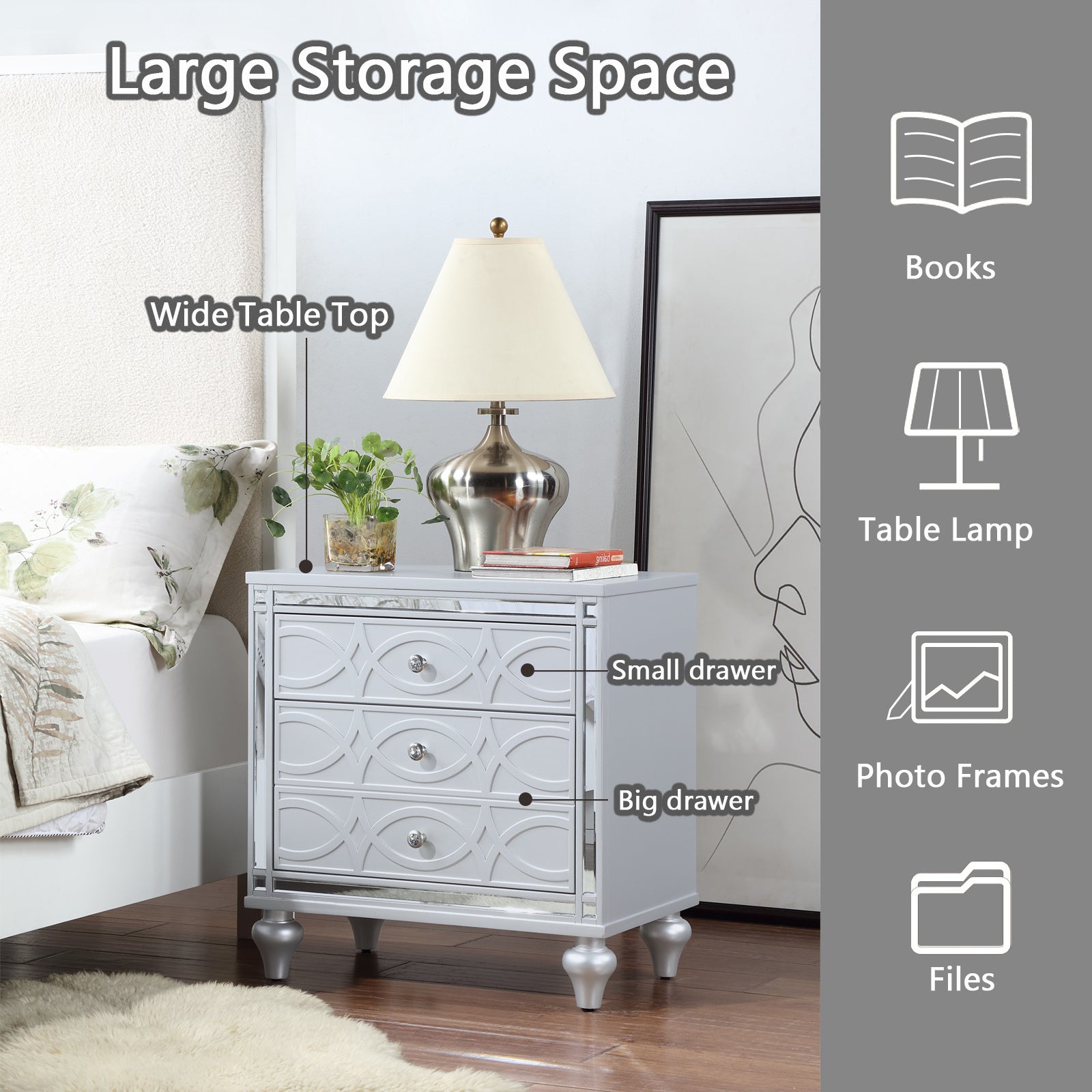 Contemporary Nightstands with mirror frame accents, Bedside Table with two drawers and one hidden drawer, End Table with Crystal Pull for Living Room,Bedroom, Silver