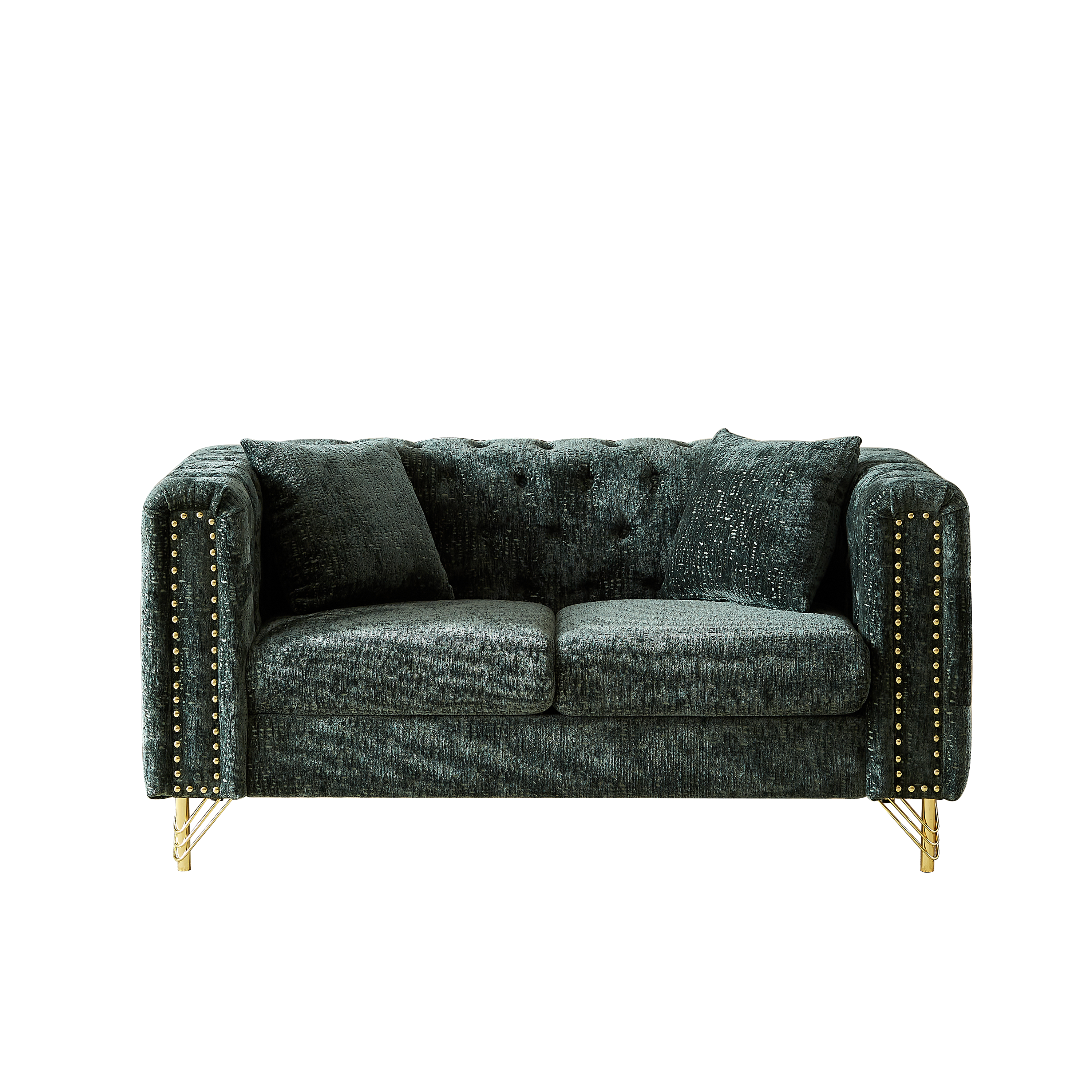 60-Inch Chenille Pull Buckle Design Sofa for Living Room,Buttons Tufted With Copper Nail Decoration Armrest, Modern Couch Upholstered Button And Metal Legs