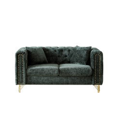 60-Inch Chenille Pull Buckle Design Sofa for Living Room,Buttons Tufted With Copper Nail Decoration Armrest, Modern Couch Upholstered Button And Metal Legs