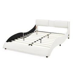 Queen Bed Frame Modern Faux Leather Upholstered Platform Bed Frame with and Headboard Wave Like Curve Low Profile Bed Frame,Wood Slats Support,Easy Assembly,White