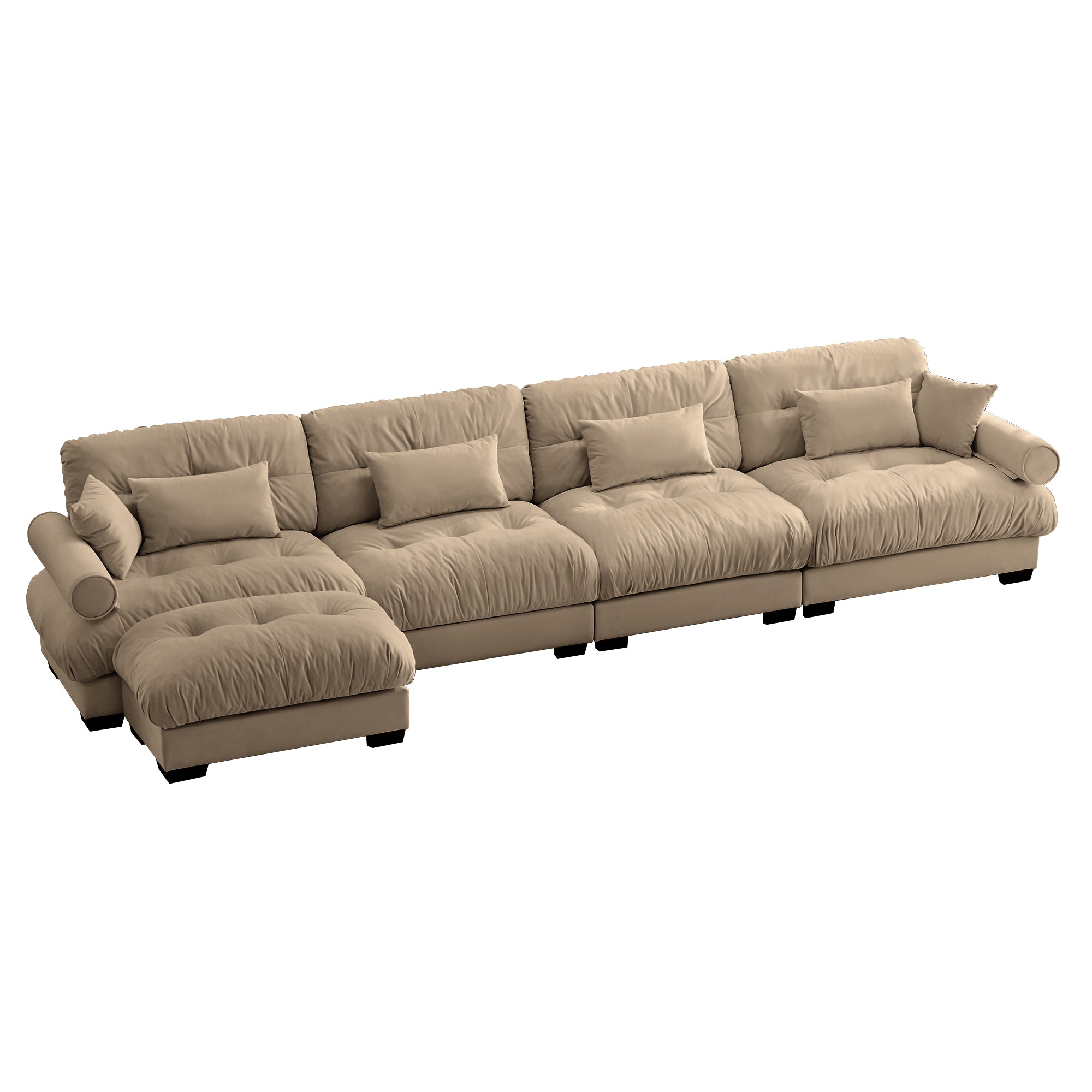 L-Shaped Convertible 4-Seater Cloud Sofa, Modern Velvet with Pillows and Bolstered Armrests,Camel