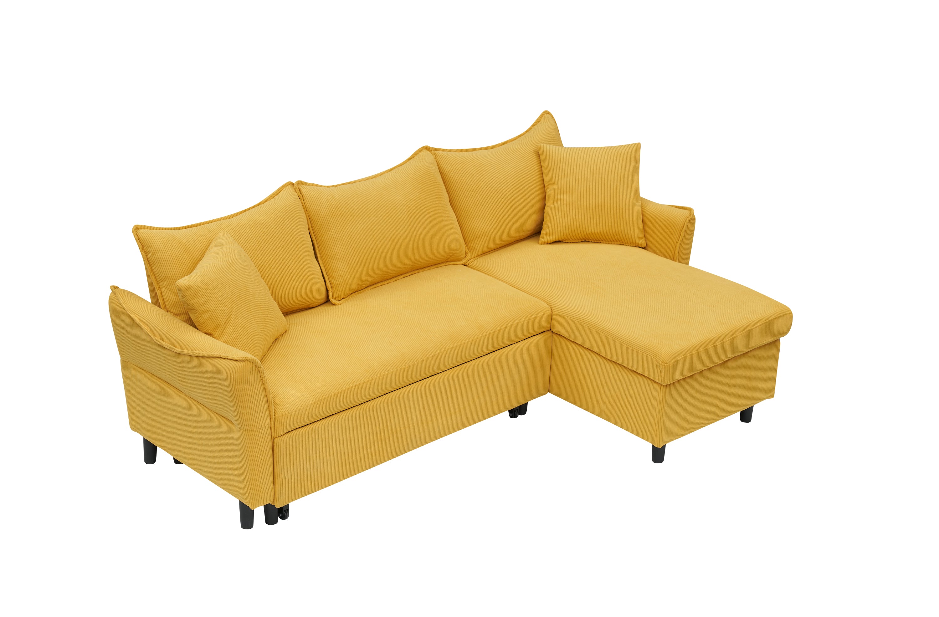 80" Yellow Corduroy L-Shaped Sofa Bed With Two Small Pillows - 3-Seater Sleeper Sofa With Storage For Living Room