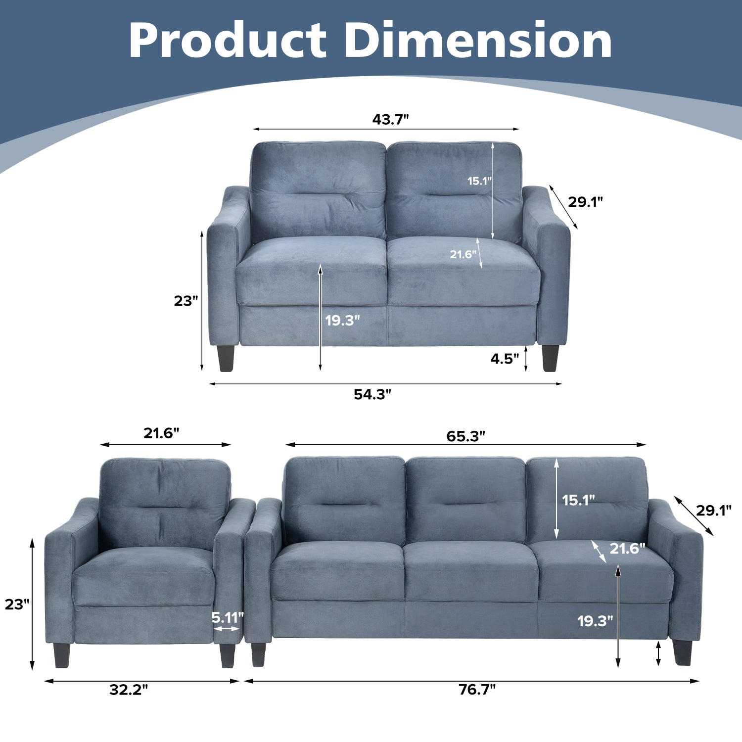 Comfy Sectional Sofa Set 1+2+3 for Living Room or Office