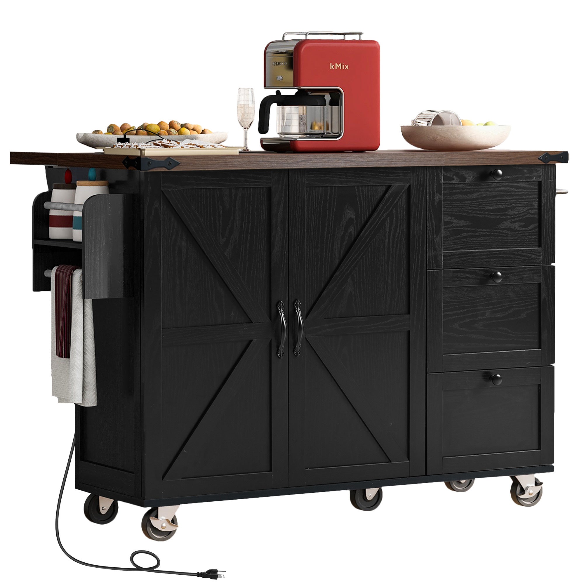 K&K 54.5" Kitchen Storage Island  with Internal Storage Rack, Drop Leaf, Spice Rack, Rolling Kitchen Cart on Wheels, Black