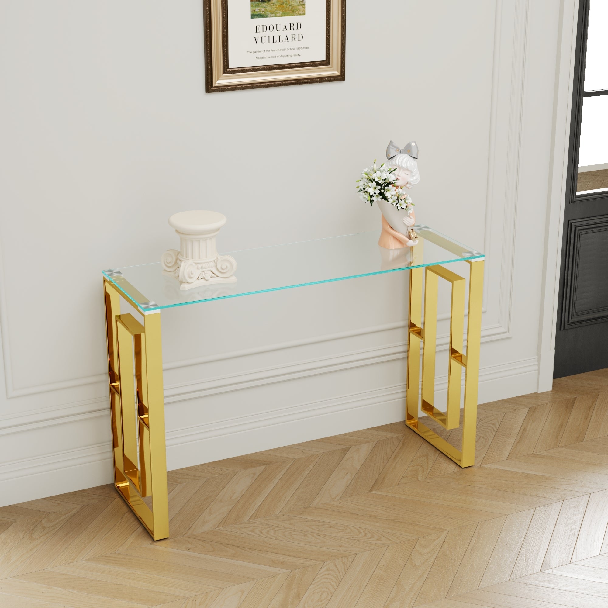 Console Table Stainless Steel Glass,Meal side table Golden Clear