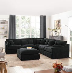 6-Seats Modular L-Shaped Sectional Sofa with Ottoman,10 Pillows, Oversized Upholstered Couch w/Removabled Down-Filled Seat Cushion  for Living Room, Chenille Black