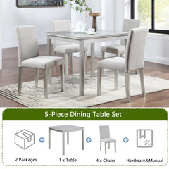 5 Piece Wooden Dining Table Set, Kitchen Table Set with a Square Table and 4 Upholstered Chairs, Wooden Dining Room Table with Crystal Decoration and Chairs Set for Kitchen, Dining Room, Silver grey