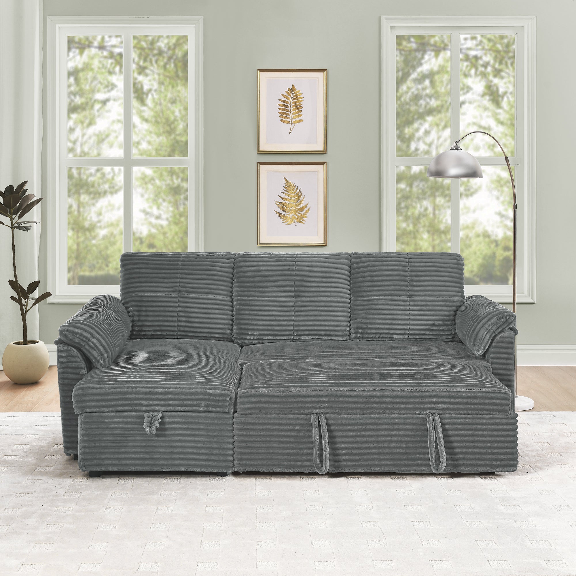 Corduroy Tufted Upholstered Sleeper Sectional Sofa, L-Shaped Modular Convertible Sofa with Storage Chaise, Pull Out Sleep Couch Bed and Reclining Backrest Perfect for Living Space,Grey