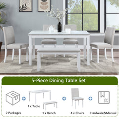 Wooden Dining Rectangular Table with Bench, Kitchen Table with Bench for Small Space, 6 Person Dining Table, White