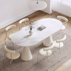 Minimalistic Oval Wooden Dining Table - Sintered Stone Top & Double Pedestals jh-078