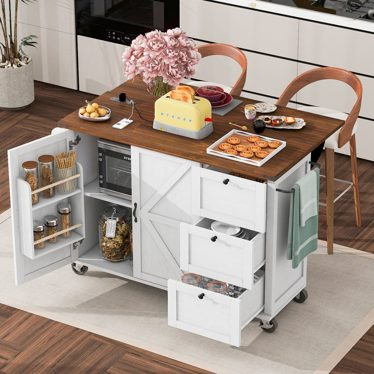 K&K 54.5" Farmhouse Kitchen Island with Internal Storage Rack, Drop Leaf, Spice Rack for Home, Kitchen and Dining Room,White