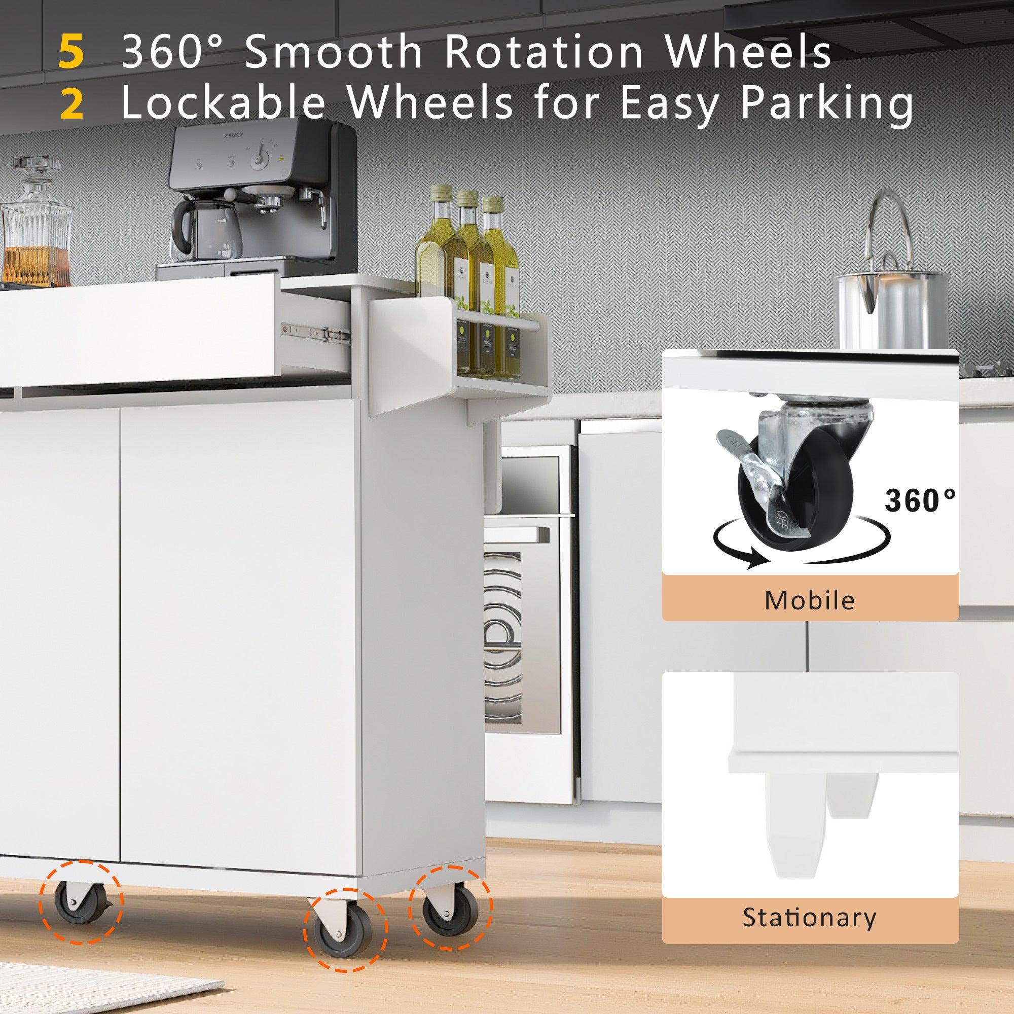 K&K 53.2''  Kitchen Island with Drop Leaf, Kitchen Storage Cart with Spice Rack, Towel Rack and 2 Drawers for Kitchen, Dining Room, White