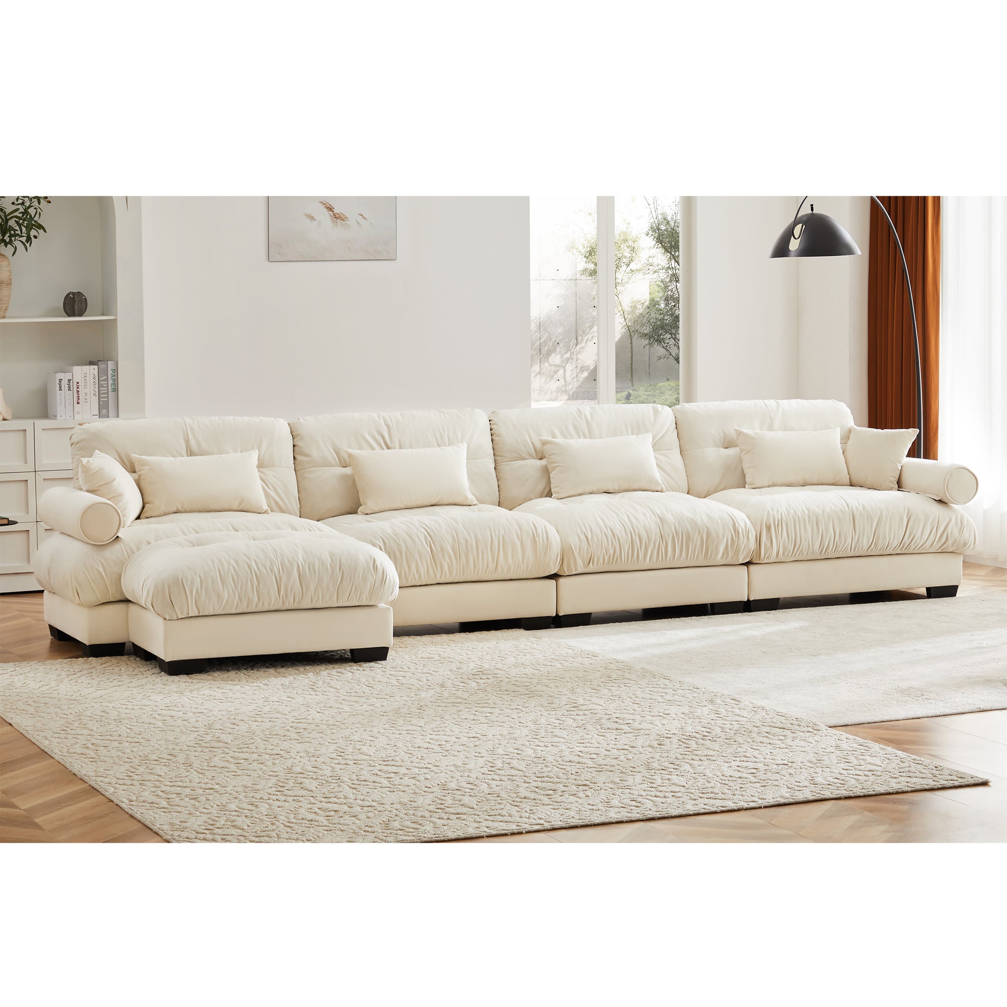 L-Shaped Convertible 4-Seater Cloud Sofa, Modern Velvet with Pillows and Bolstered Armrests,Cream