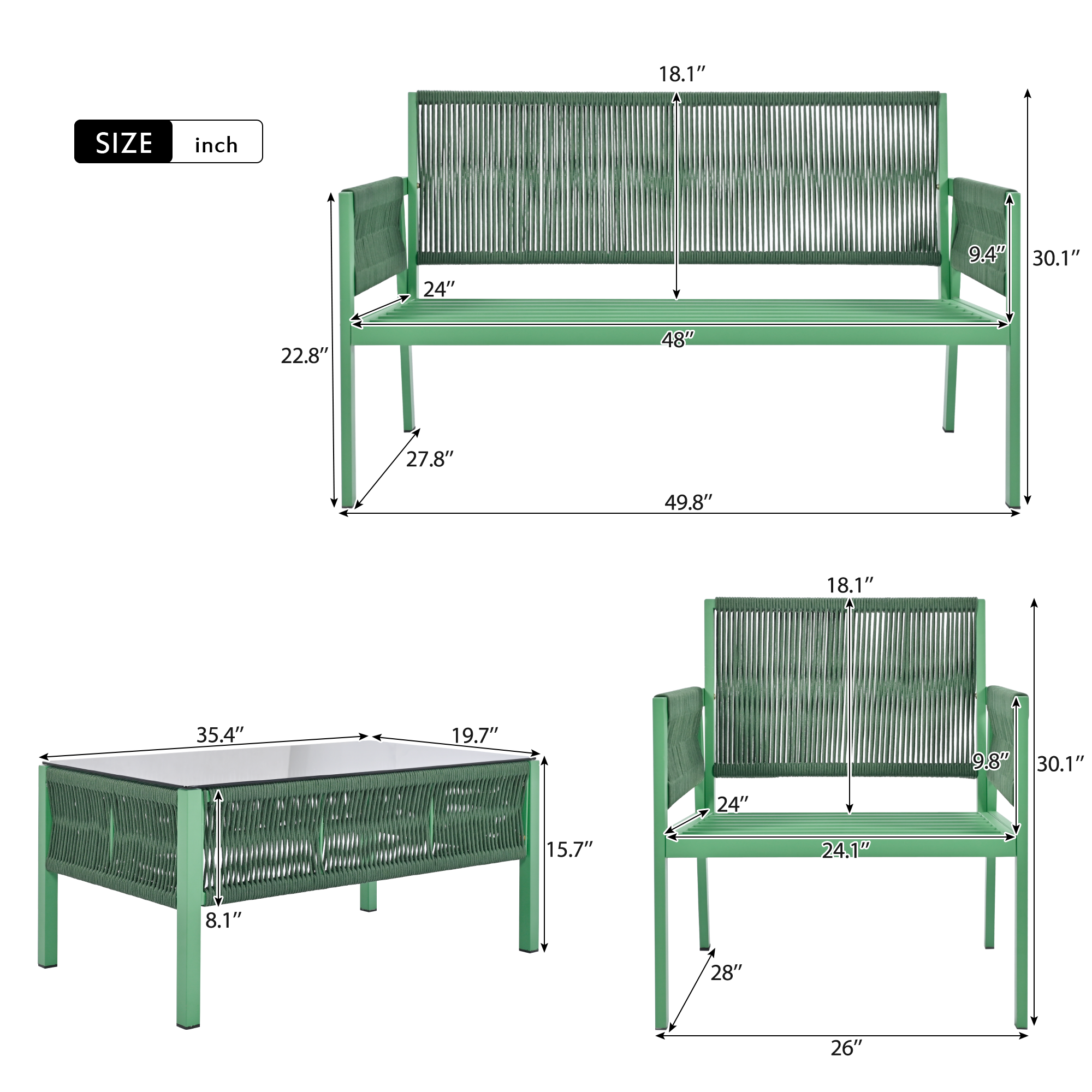 K&K 4-Piece Patio Furniture Set with Tempered Glass Table for Outdoor in Fluorescent Yellow & Green