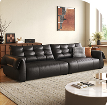 Luxurious Black Leather Sofa with Goose Down and Latex Cushioning for Ultimate Comfort hlkwd-4108